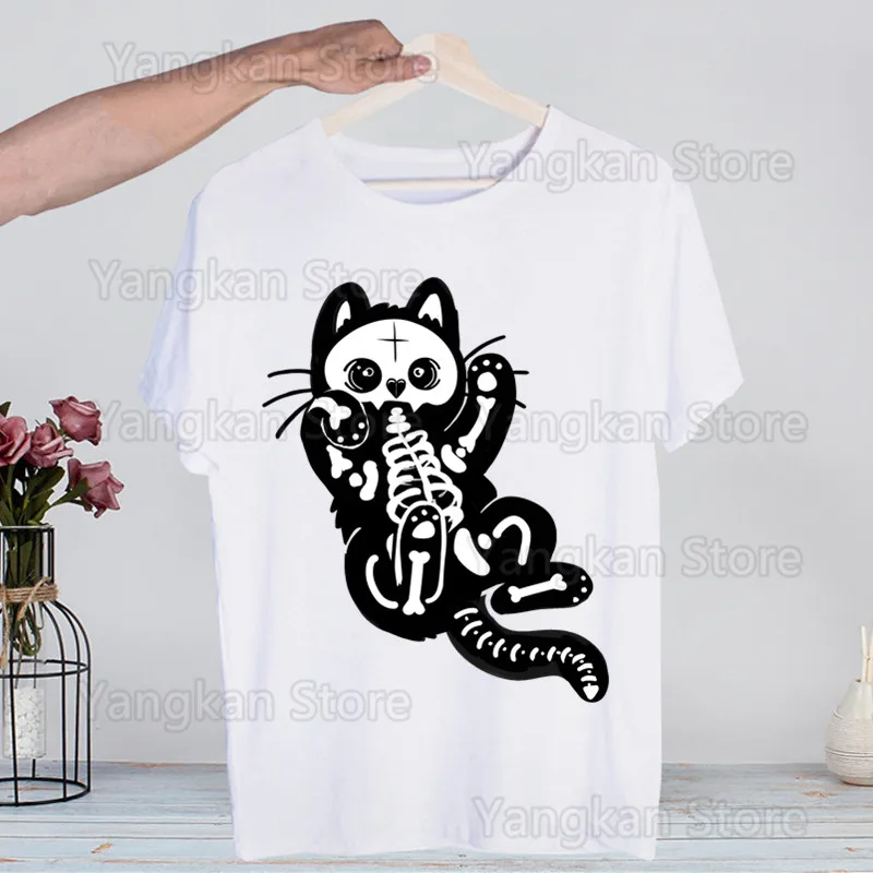 

Black Cat Diagram Skeleton T Shirt Men Retro Washed Tops Tees Harajuku Tshirt Streetwear Hip Hop Male T-shirts