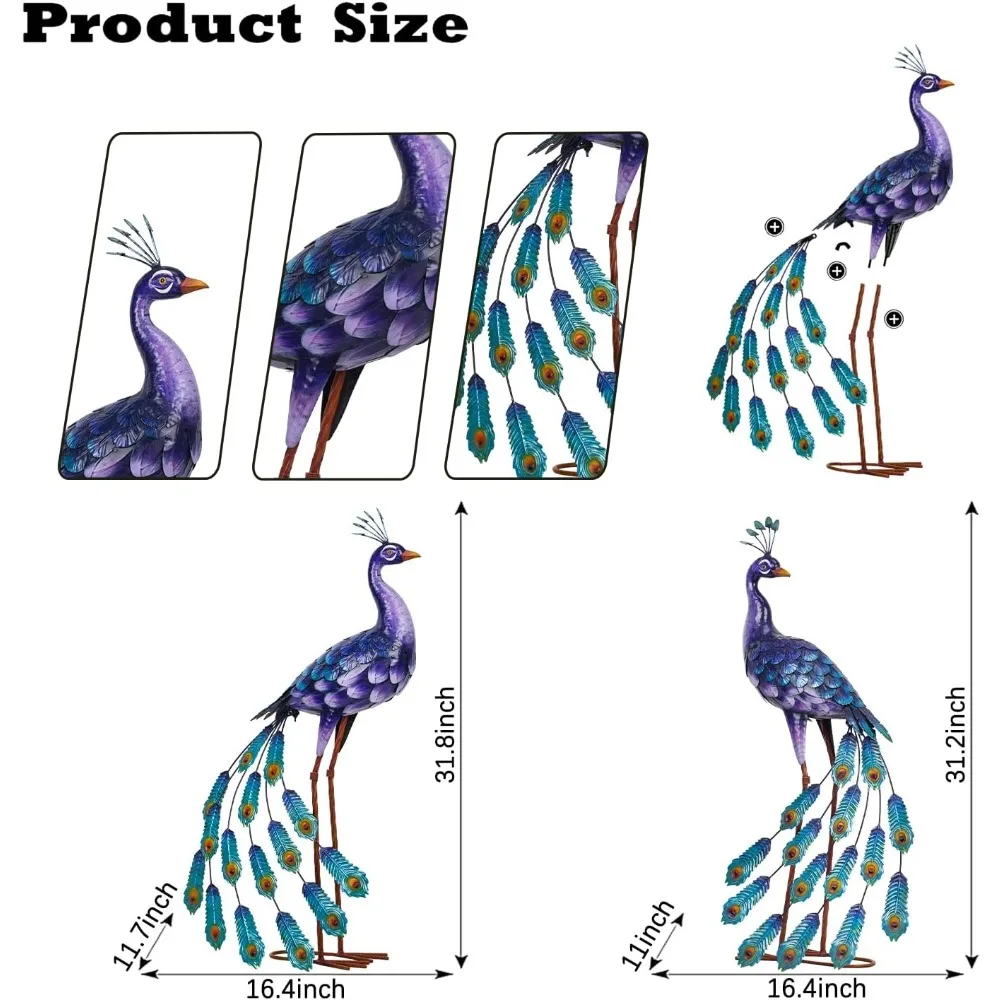 تماثيل حديقة الطاووس المعدنية الكبيرة - ديكور فني أنيق للفناء باللون الأرجواني، منحوتات رائعة للطيور للحدائق الخارجية #2