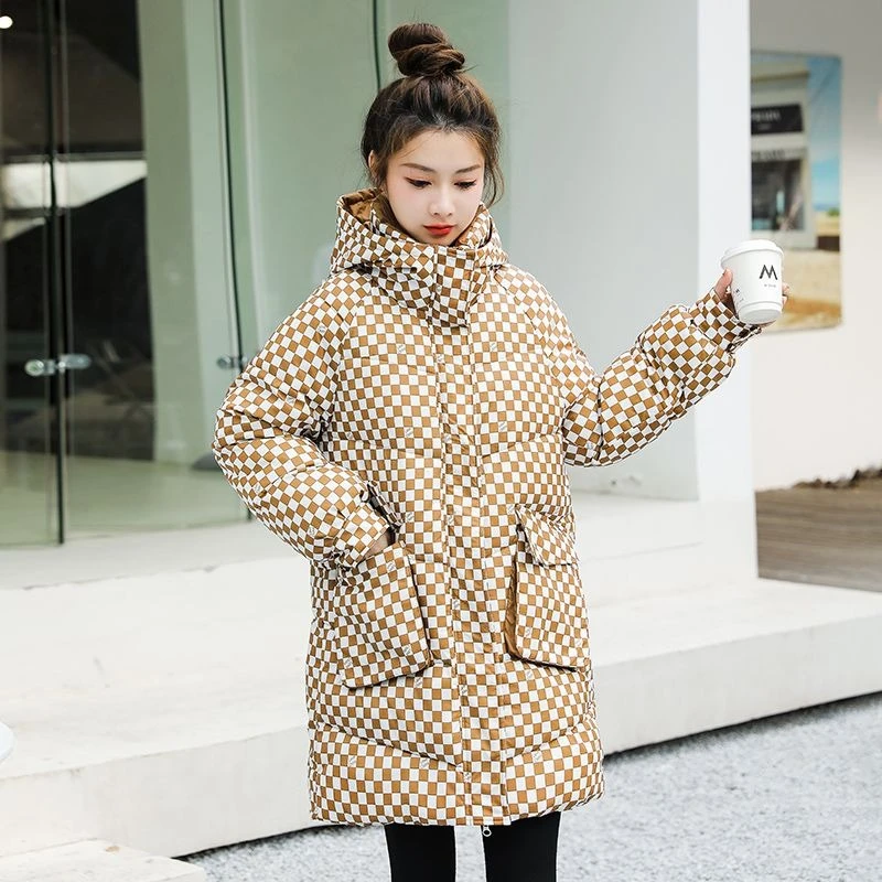 올웨더 체커보드 코트 여성용 2025 보온 후드 코튼 재킷 슬림핏 미디엄 길이 디자인