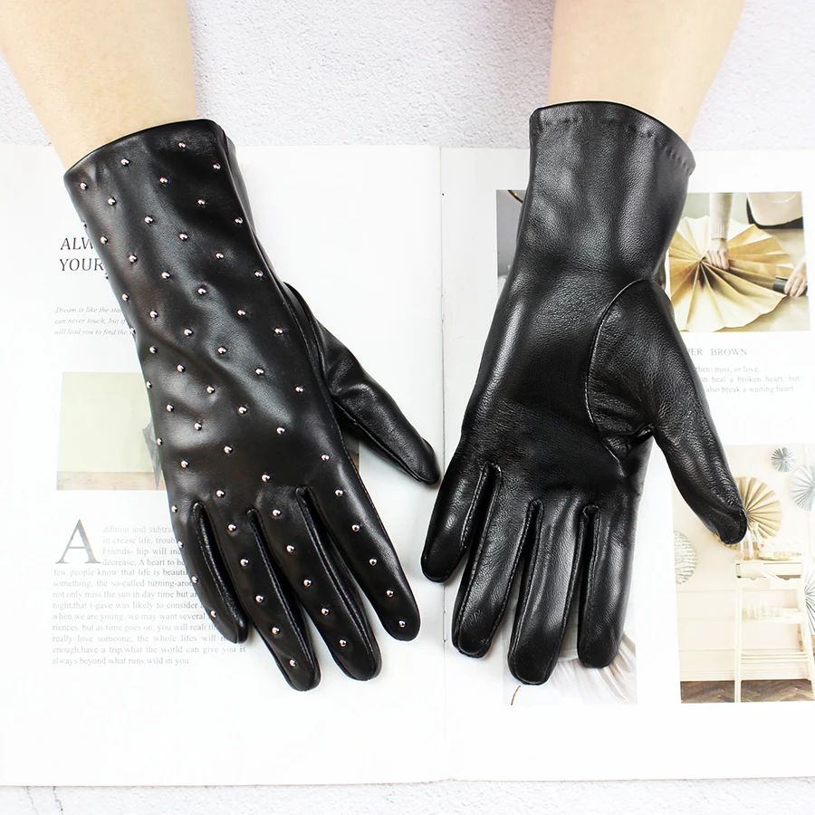 Fashionable Sheepskin Leather Gloves Women\'s  Velvet Lining Autumn and Winter Warm Touch Screen Fingers