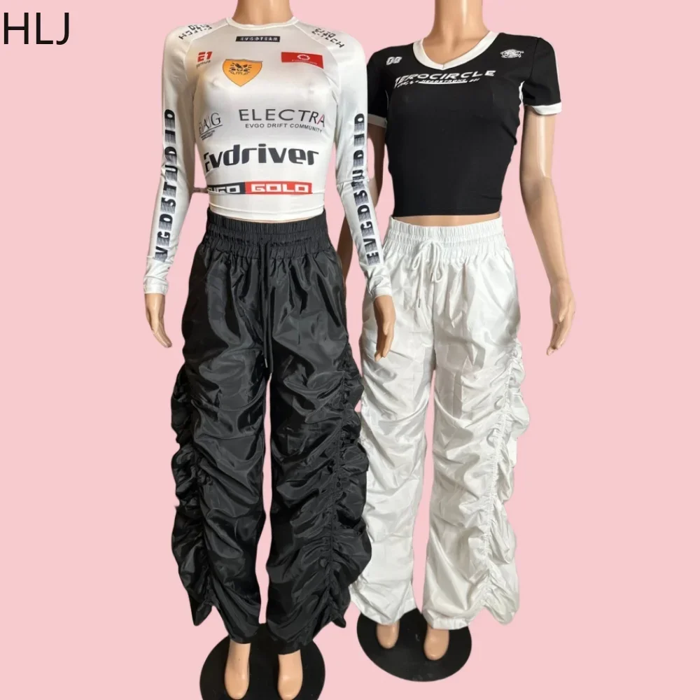 

HLJ Fashion Y2K Letter Print Ruched Pants Two Piece Sets Women Round Neck Long Sleeve Slim Crop Top And Drawstring Pants Outfits