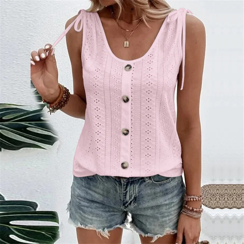 2023 New Women White Blouses Summer Tank Solid Colors Hollow Out Loose Shirts Sweet Casual Sleeveless Button Sexy Lace Up Tops