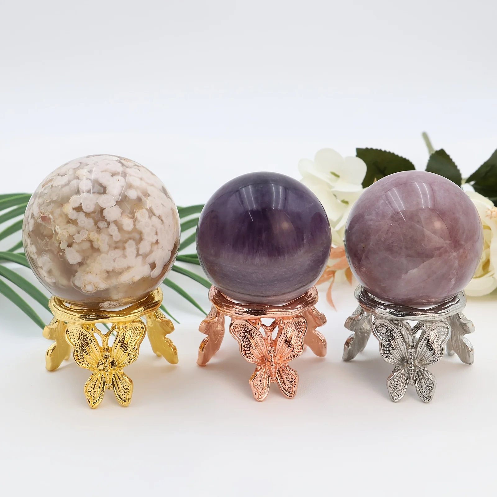 1pc Place 40-90mm Natural Crystal Ball Butterfly Base Metal Holder Sphere Stand Home Decoration To Send Friends Family