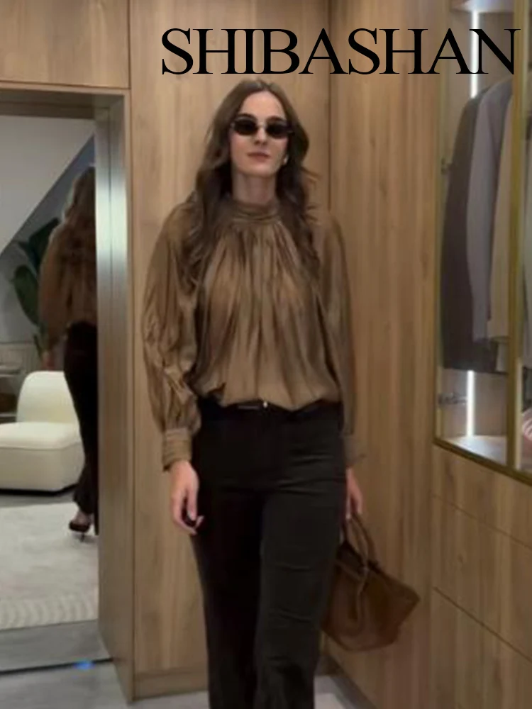 HH Women's Fashion Simple Versatile Standing Collar Draped Top Female Elegant High Street Casual Lantern Long Sleeve Shirt