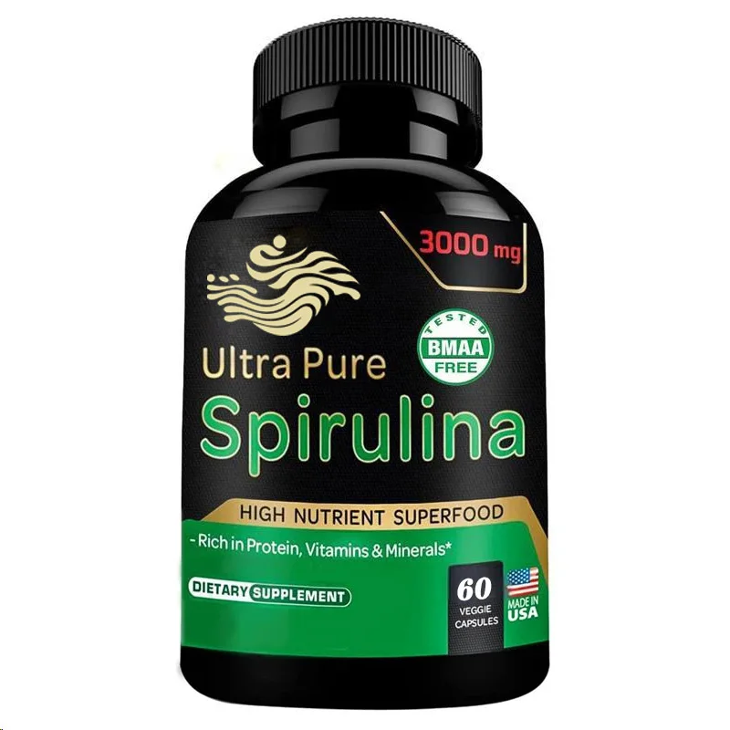 Espirulina orgánica en polvo 60 cápsulas 300 mg La mejor proteína vegetariana original - Superfood verde - Multivitamina natural