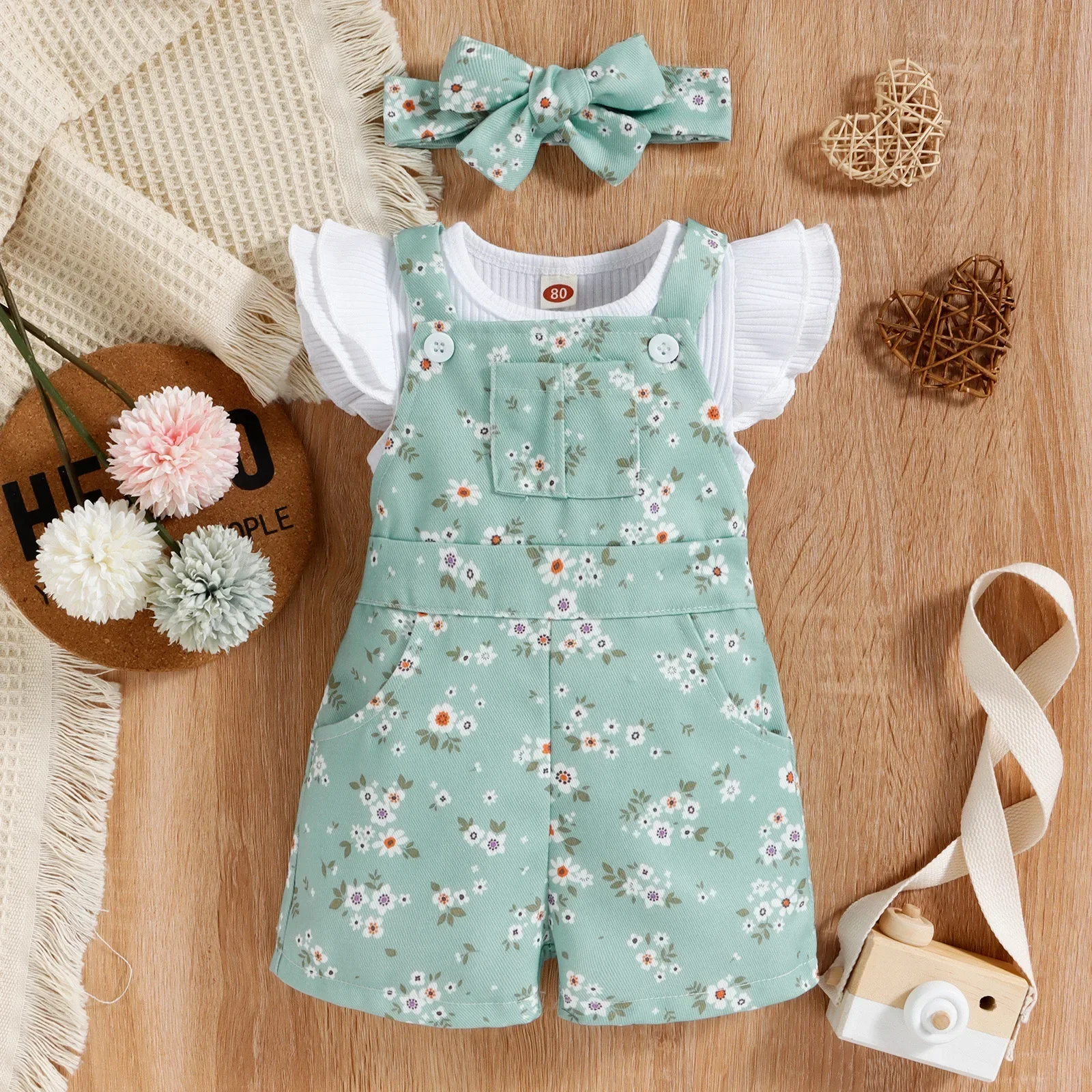Kid Cute Summer Casual Wear Girl Sister Outfit Small Floral Print Sleeveless Bib Pants Bow Headdress Two-piece Children Set