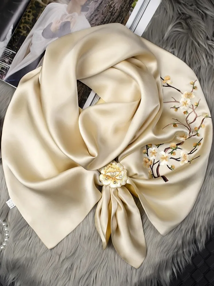 

Suzhou Handmade Silk Scarf Women's Versatile Satin Fabric Embroidered Shawl Outerwear Gift for Mom Floral Pattern