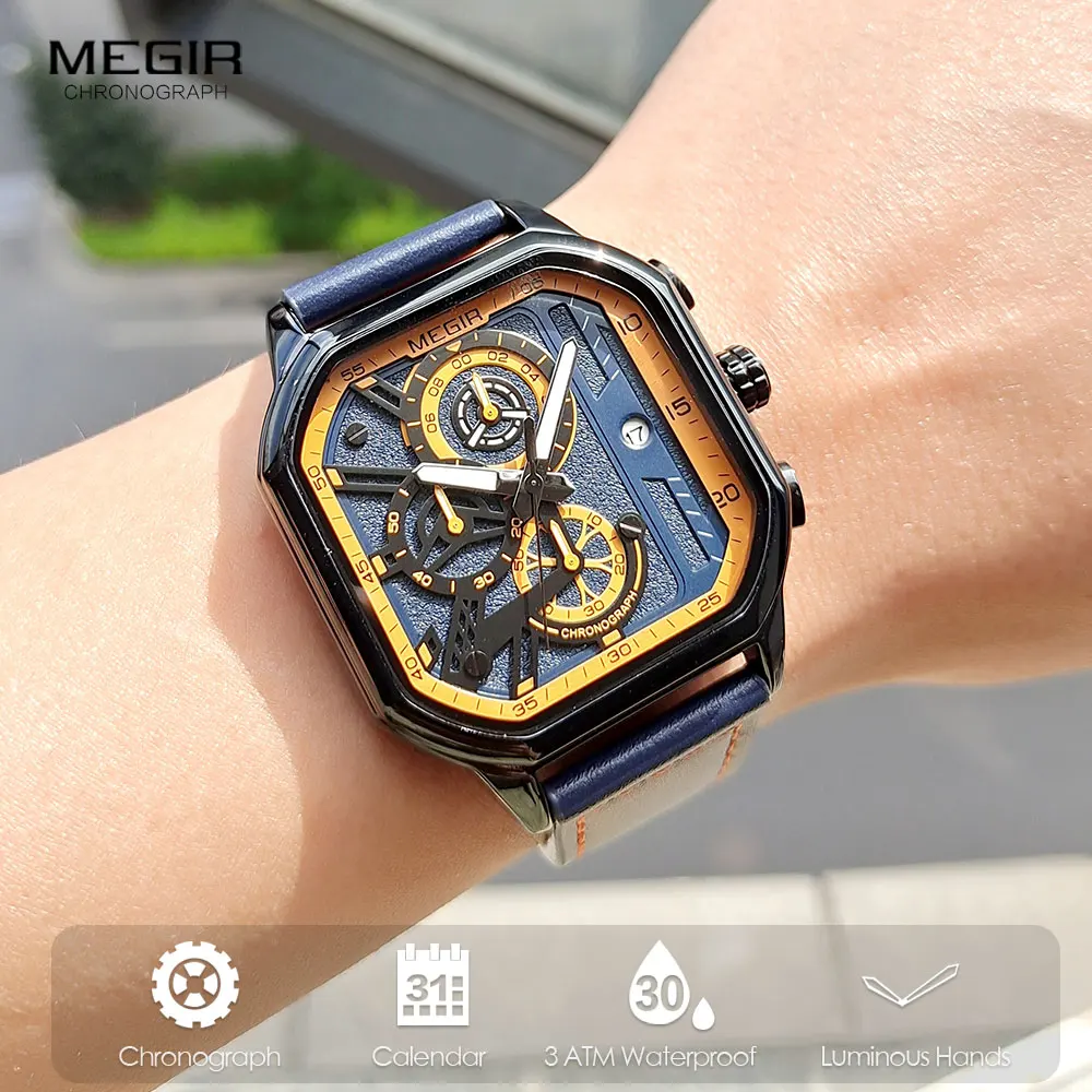 MEGIR Fashion Quartz Watch Men Military Sport Chronograph Analog Quartz Wristwatch With Square Dial Blue Orange Strap Date 8106