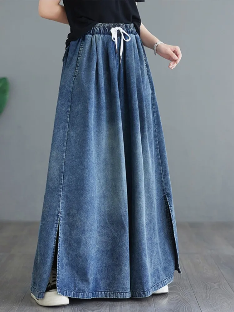 Oversized jeans lente zomer lange wijde pijpen broek vrouwen losse geplooide mode split dames broek elastische hoge taille vrouw broek