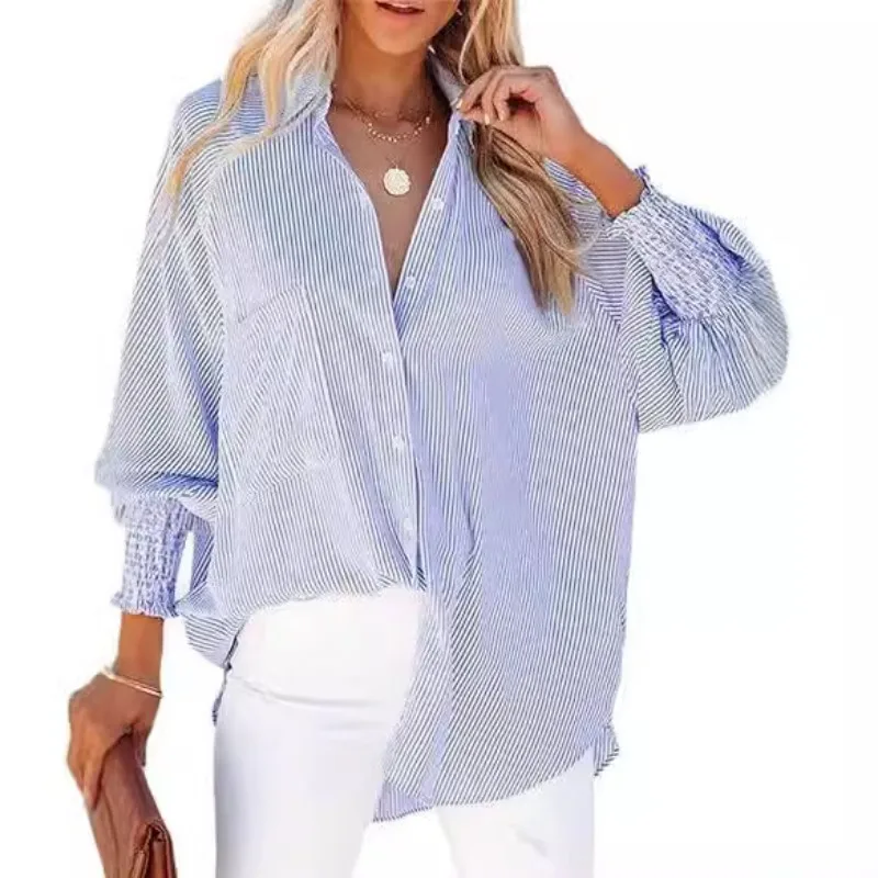 

New Pocket Shirt Top with European and American Striped Long Sleeved Loose Shirt for Casual Women's Wear Women Tops Shirt