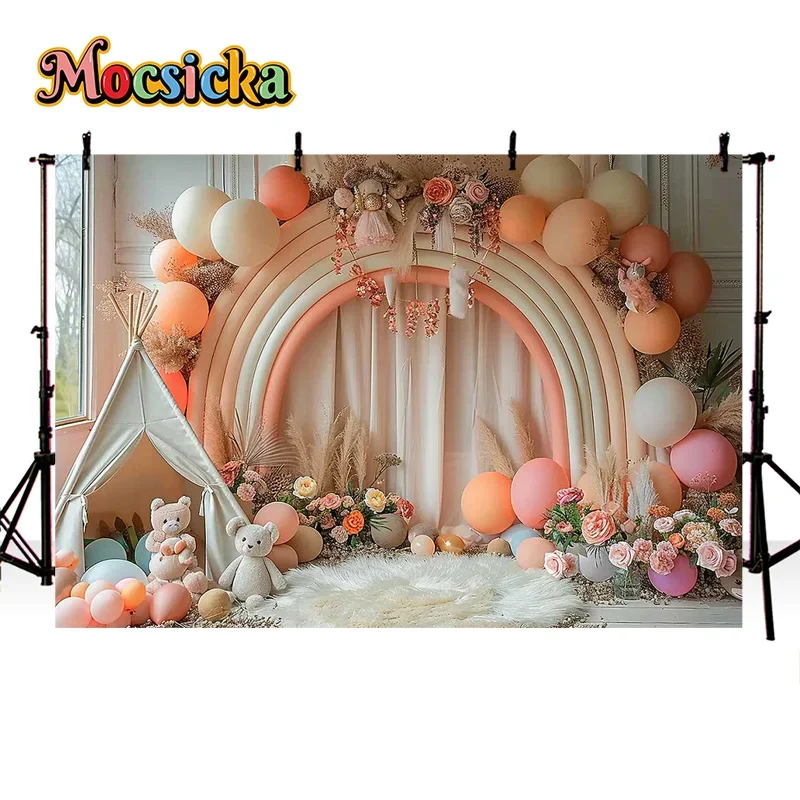Mocsicka عرض الطفل التصوير خلفية لطيف الاطفال حفلة عيد ميلاد سعيد بالون خلفية كعكة سحق صور راية استوديو الدعائم #4