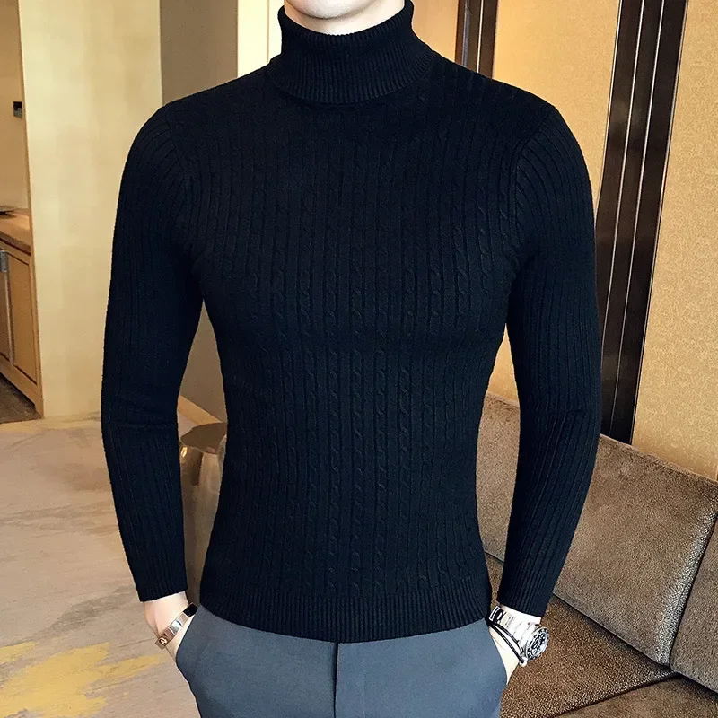 Casual Men Winter Solid Color Turtle Neck Long Sleeve Twist Knitted Slim Sweater Men's Knitted Sweaters Pullover Men Knitwear