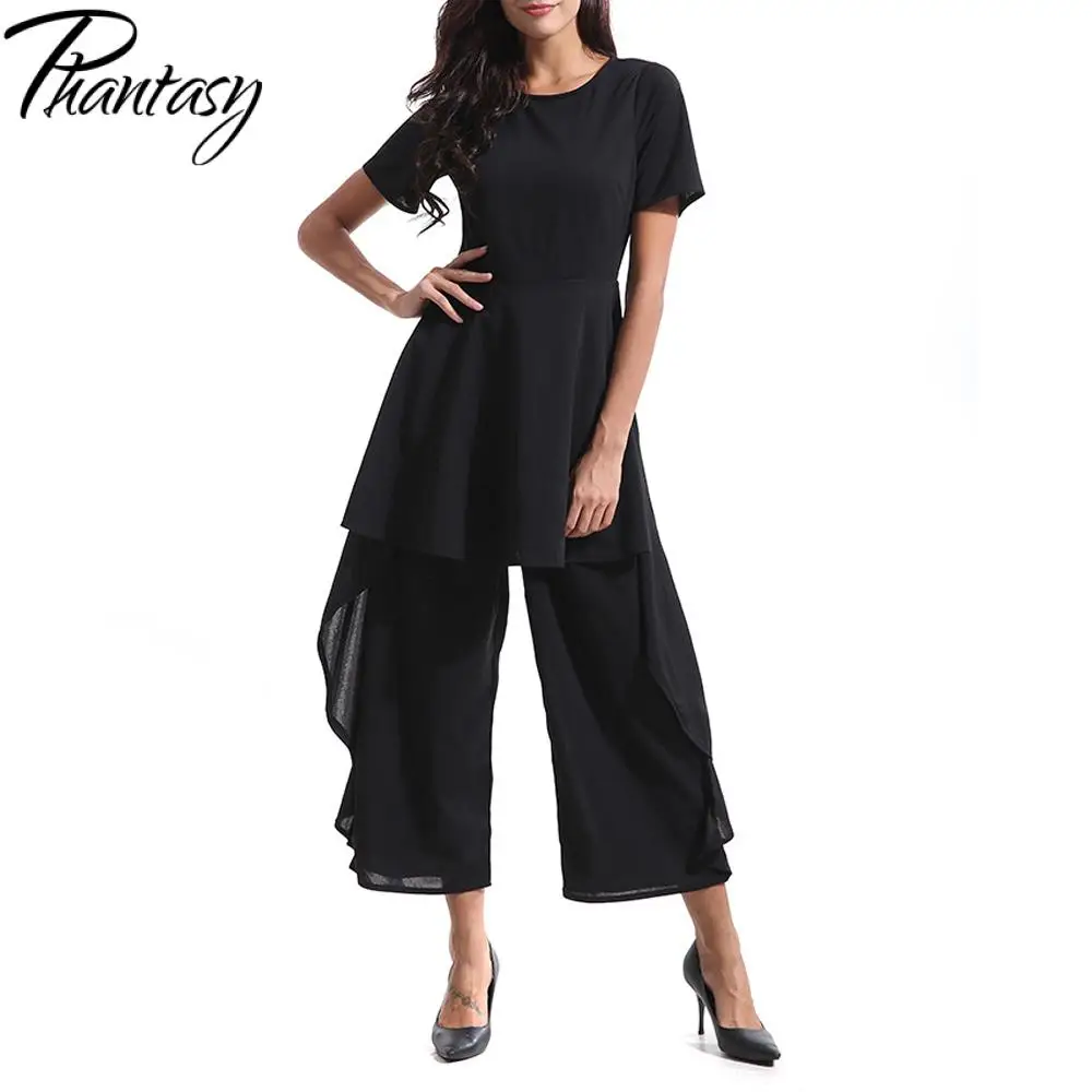 Phantasy Fashion Office Lady Jumpsuit Elegant Slim Wide Legs Jumpsuit Women Black Bodysuit Short Sleeve Romper Casual Streetwear