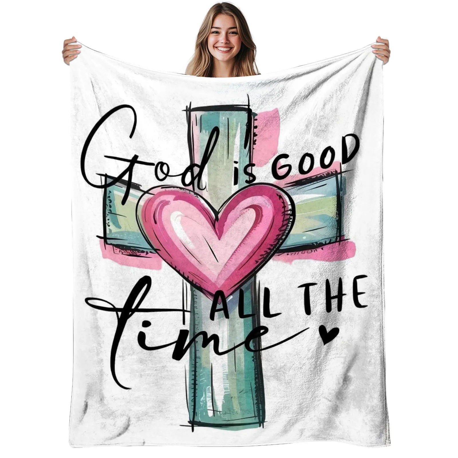 God Is Good Cross Heart Flannel Blanket - Soft Warm Faith-Themed Design - Suitable for Living Room, Bedroom, Sofa, Year-Round