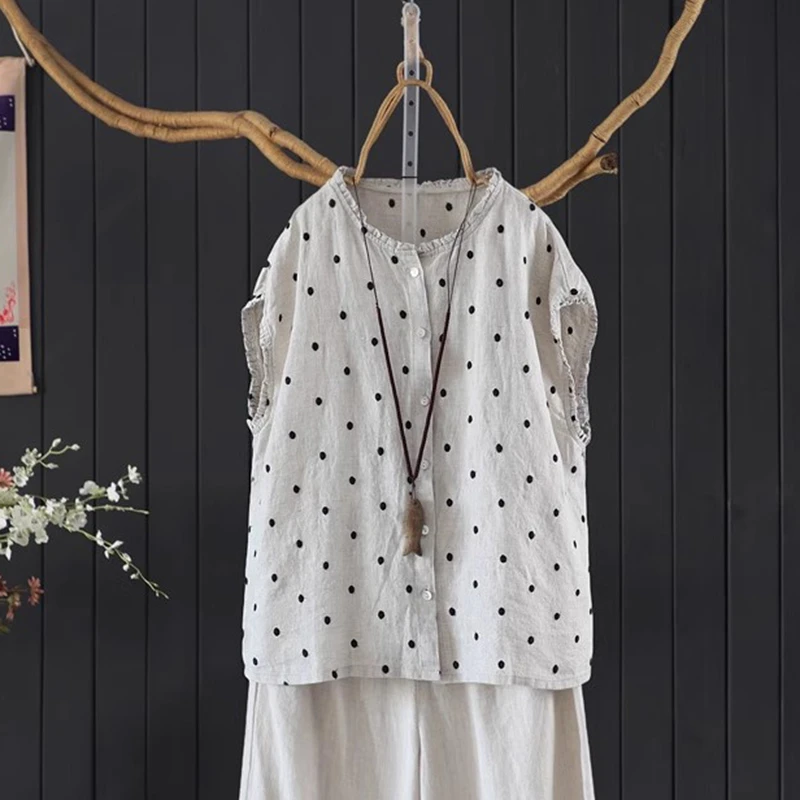 

Women Casual Linen Shirt New Arrival 2025 Summer Vintage Style O-neck Polka Dot Loose Female Sleeveles Tops Shirts M1712