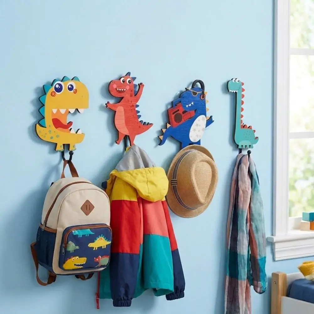 4Pcs 4 Hooks Dinosaur Wall Hooks Cartoon Stable Structure Entryway Key Hanger Strong Bearing Smooth Surface Wooden Key Holder