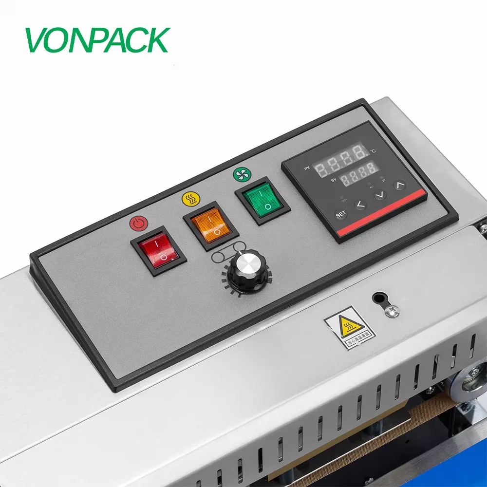 VONPACK FR-900 آلة ختم شريط الفولاذ المقاوم للصدأ المستمر مصنع أفقي فيلم بلاستيكي جهاز غلق أكياس الطعام مع توقف الطوارئ