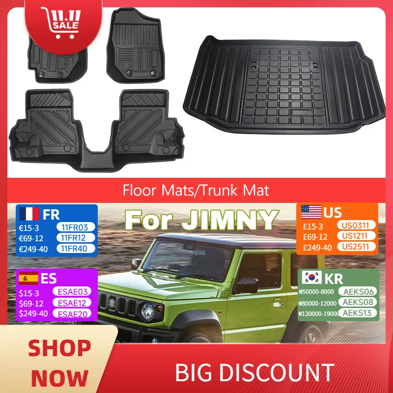 

Коврики для Suzuki Jimny, левый и правый руль 2019-2025, двухслойные коврики для ног, накладки на багажник из ТПЭ, нескользящие водонепроницаемые автомобильные коврики