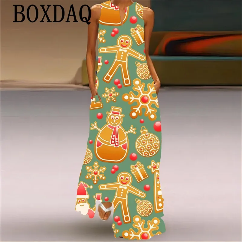 Robe longue de fête de Noël pour femmes, robe maxi à col en V, bloc de documents, impression d'arbre de Noël de dessin animé, vêtements féminins