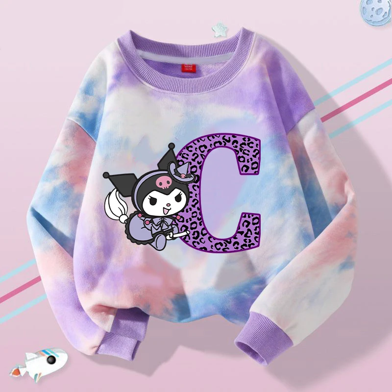 Kuromi Girls Sweatshirt Sanrio Anime Letter A-Z Hoodies Kids Spring Autumn Tops Pullover Fashion Clothes Children Gift Hot Sales