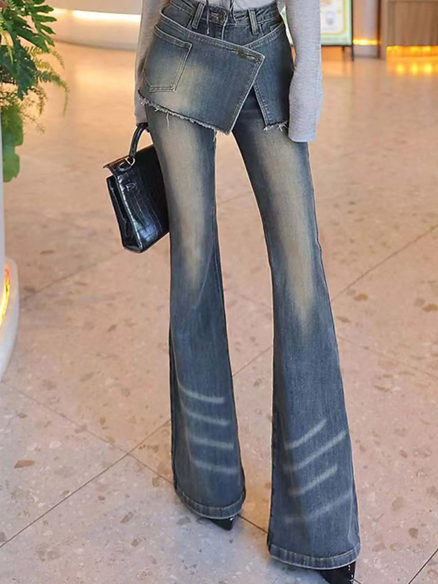 

Retro Waed Women's Slimming Bell Bot Jeans High Waist Denim Pants Distred Sle Casual Faion Trousers