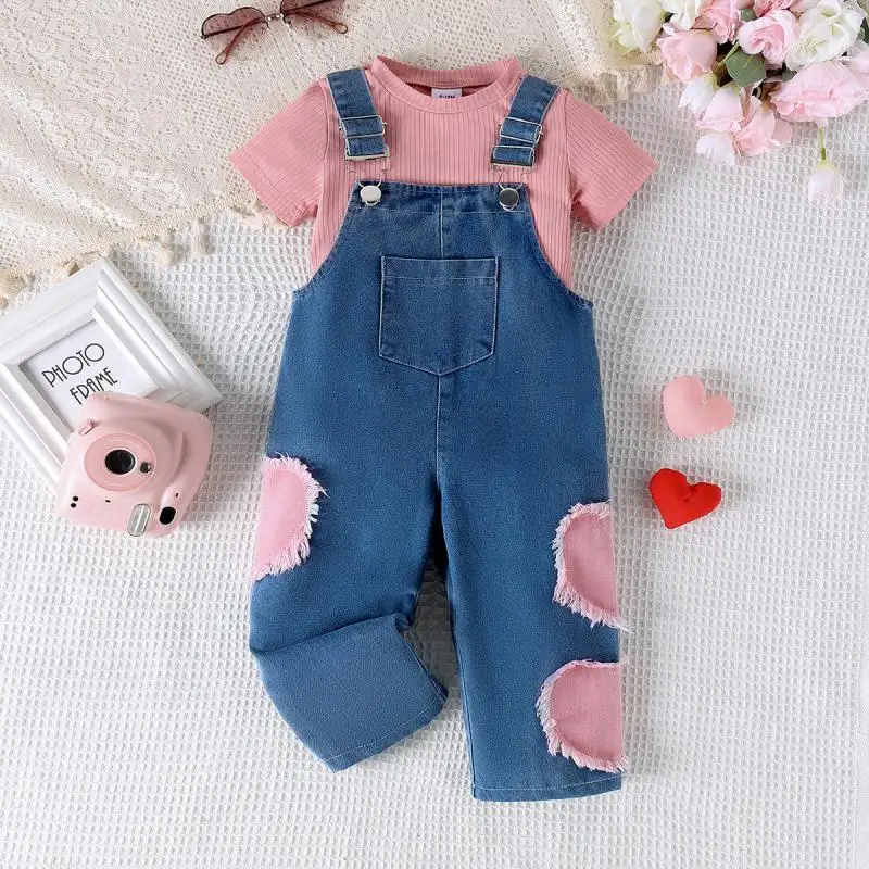 Summer Girls New Fashion Short Sleeved T-Shirt+Love Fur Edge Sticker Denim Strap Pants Two Piece Set for Girls for 0-3 Years