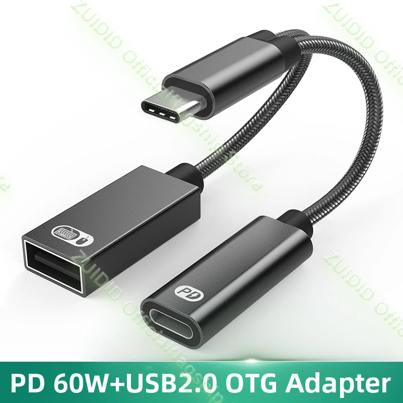 2 in 1 PD 60W USB C OTG Charging Adapter Cable Type C to USB 2.0 Data Converter for iPad Pro Samsung Huawei Xiaomi Laptop Tablet