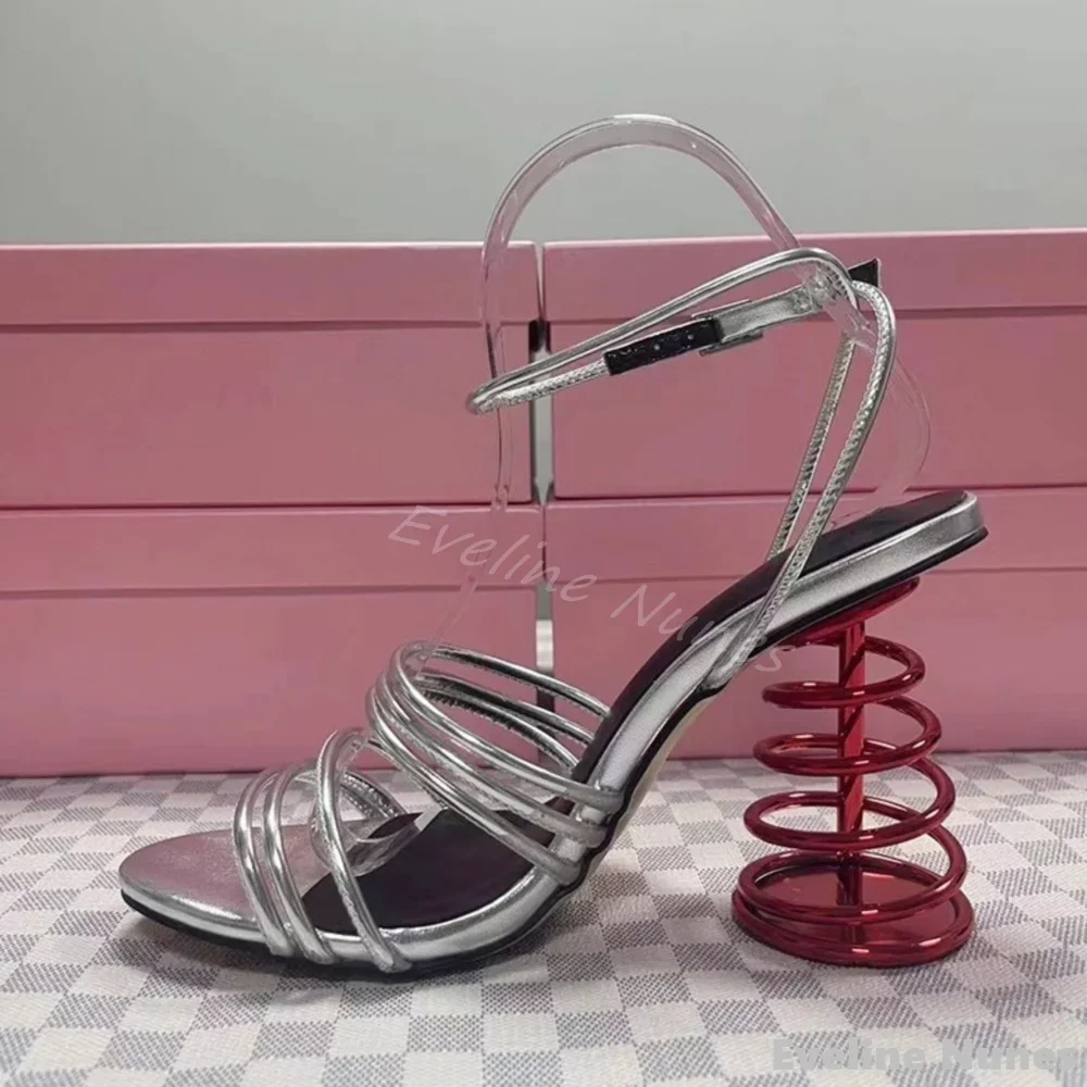 Silver Spring Heel Strange Style Sandals Women Hollow One Word Belt Thin Strap High Heel 2025 Fashion Catwalk Large Size Sandals