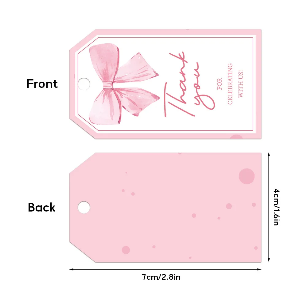50Pcs Pink Bow Gift Tags with 10m Twine, Cute Thank You White Paper Tag for Coquette Birthday Baby Shower Wedding Gift Wrap Tag