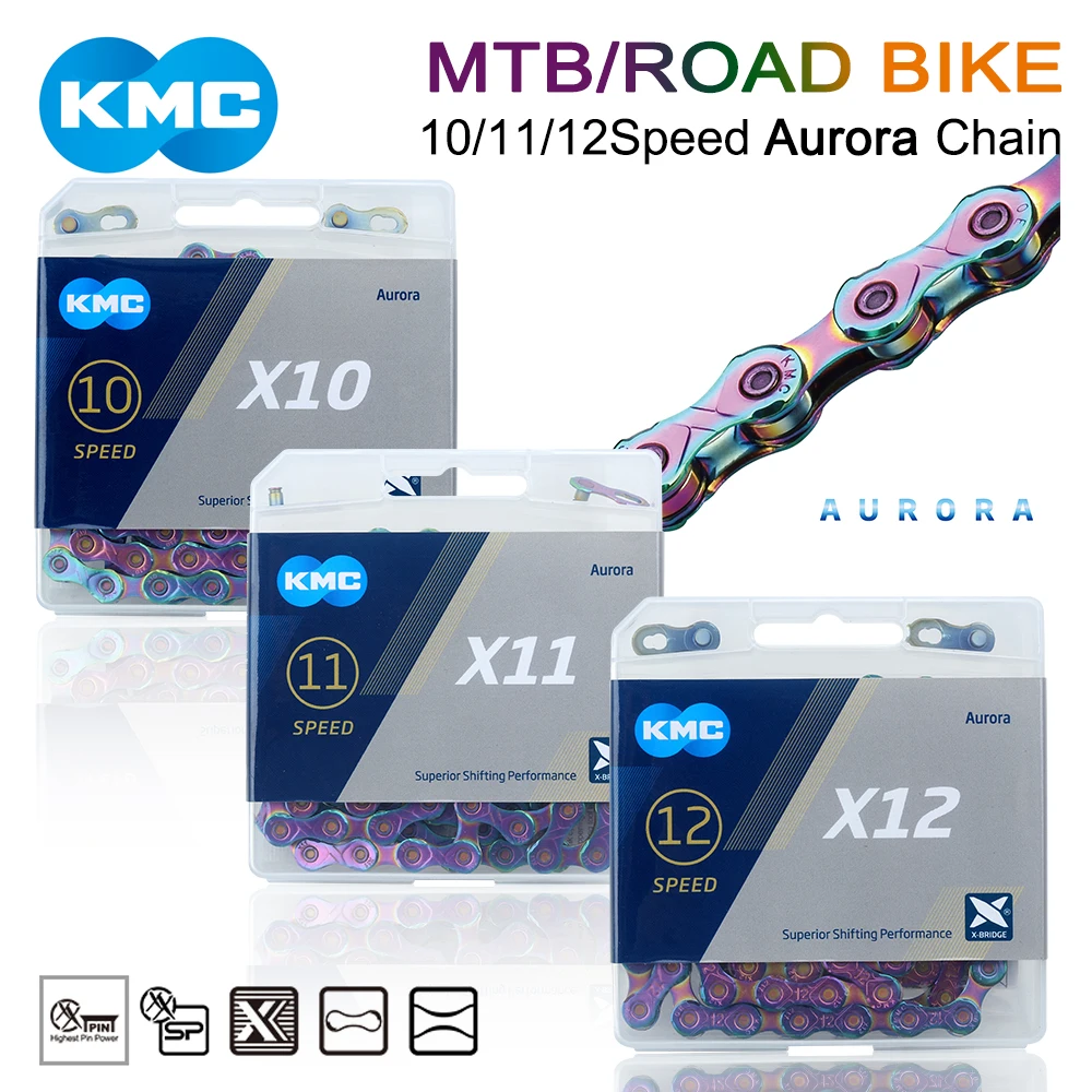 KMC X10 X11 X12 Bicycle Chain Road Mountain Bike 10/11/12Speed Bicycle Aurora Chain Compatible for SHIMANO Chain with Links Lock