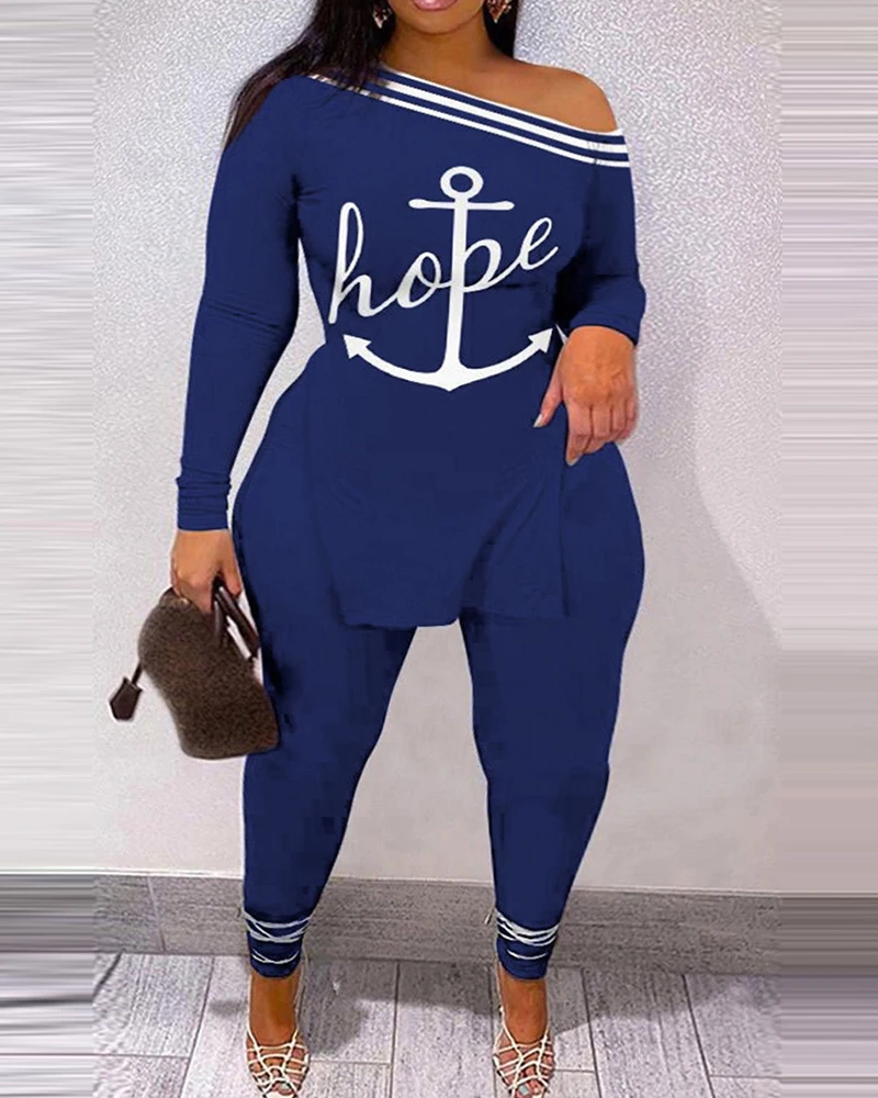 Women's Two-Piece Set Plus Size Anchor Letter Print Cold Shoulder Top & Pants Set Temperament Commuting Leisure Two-Piece Set