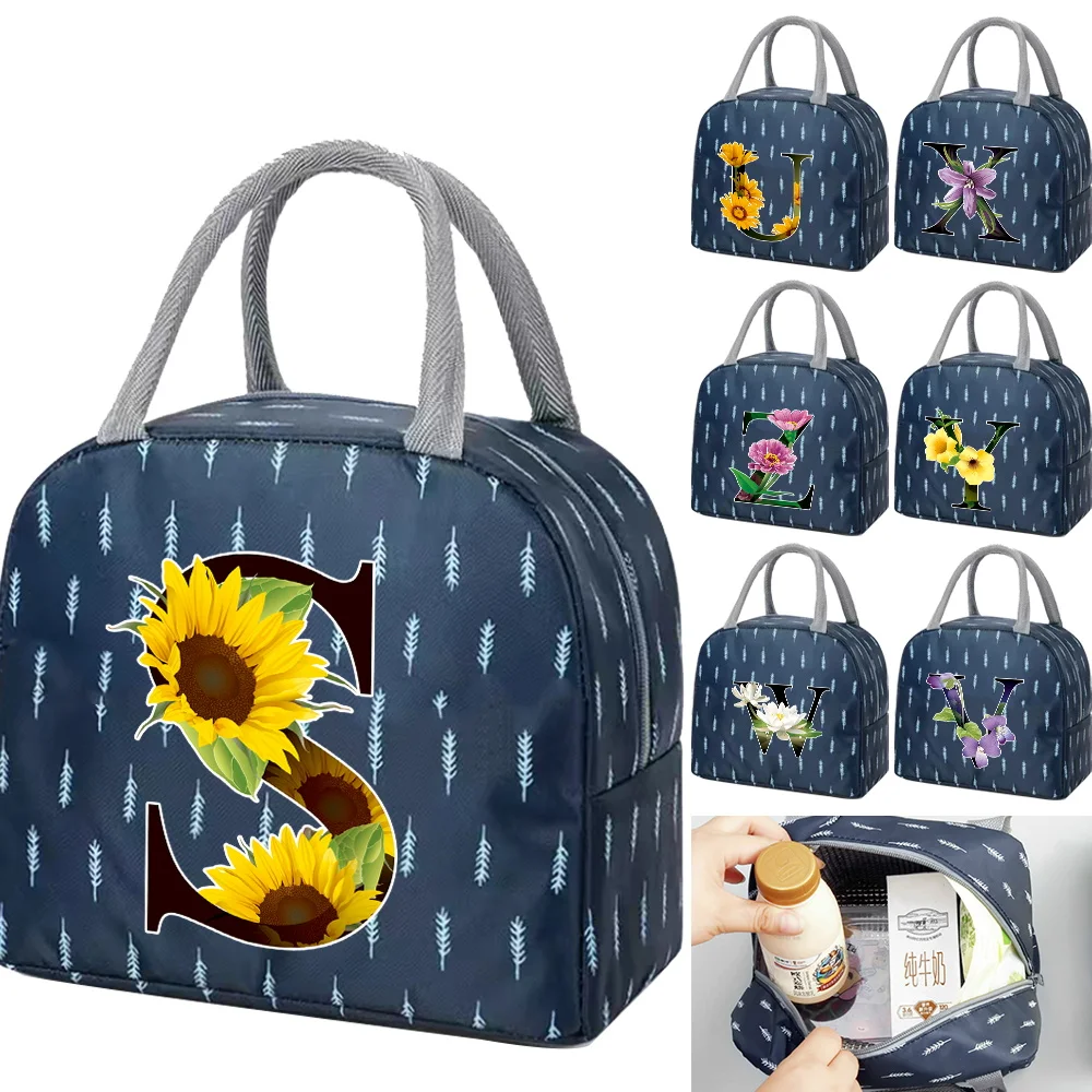 

Insulated Canvas Lunch Bag for Kid Boys Zipper Printing Flower Color Portable Blue Cute Tote Bags Waterproof Bento