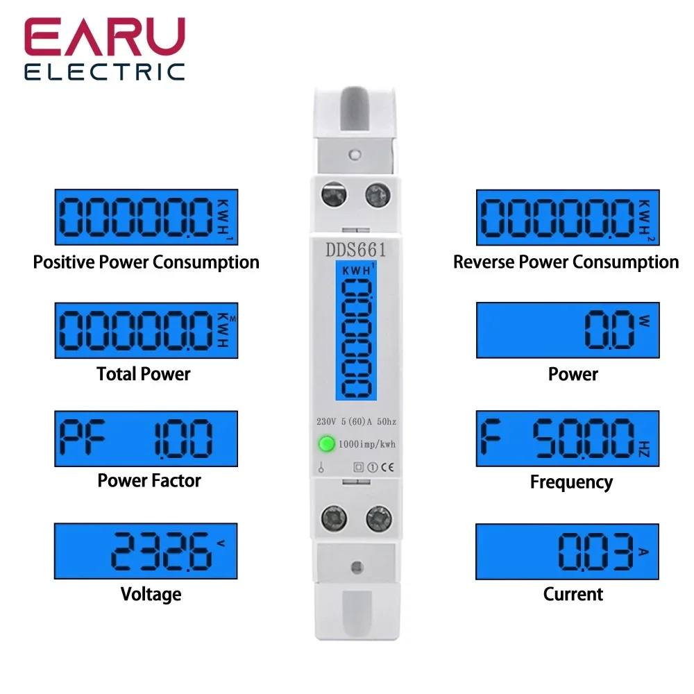 Single Phase Backlight Wattmeter Power LCD Digital Display Consumption Meter KWh 5(60)A 230VAC 50Hz Watt Din Rail Energy Meter