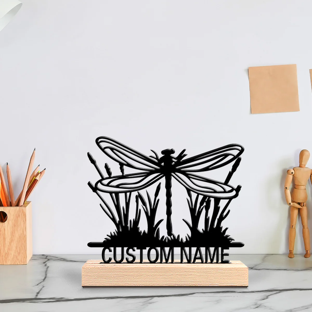 1pc Abstract Dragonfly Custom Letter Metal Statue Iron Ornament Figurine With Wood Base Tin Sculpture Study Desktop Decoration