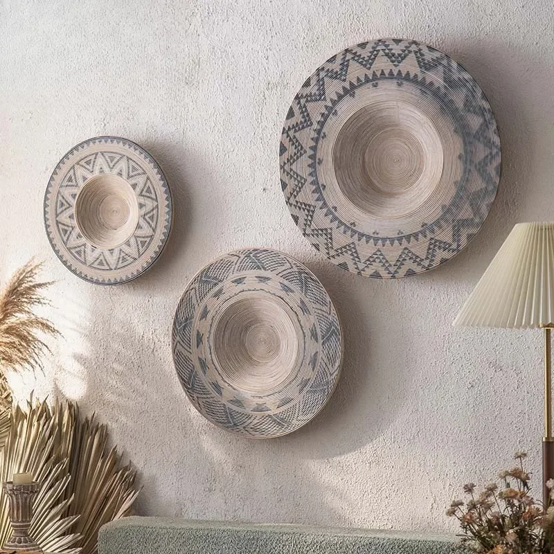 Hand Painted Bamboo Weaving Wall Art Disc Antique Style Home Decor for Living Room Sofa Background Unique Circular Hanging