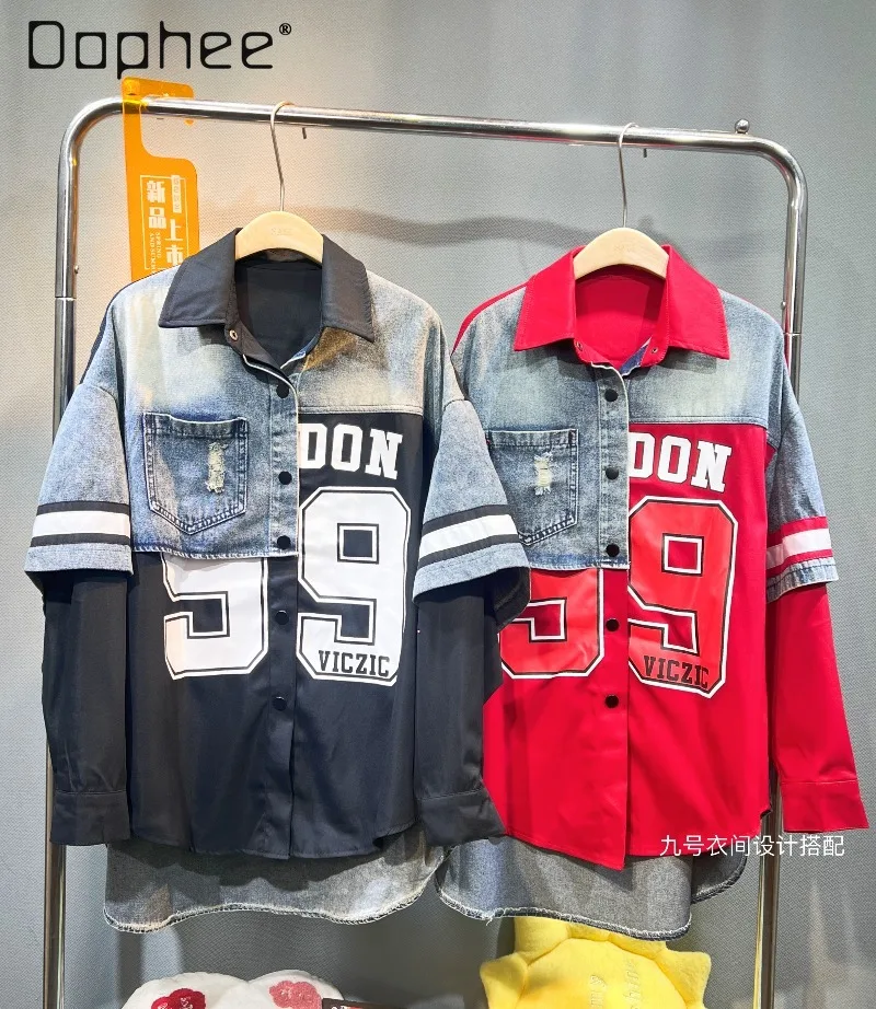 Estilo europeu retalhos denim camisa feminina outono nova impressão personalizada falso de duas peças manga longa na moda camisas de grandes dimensões