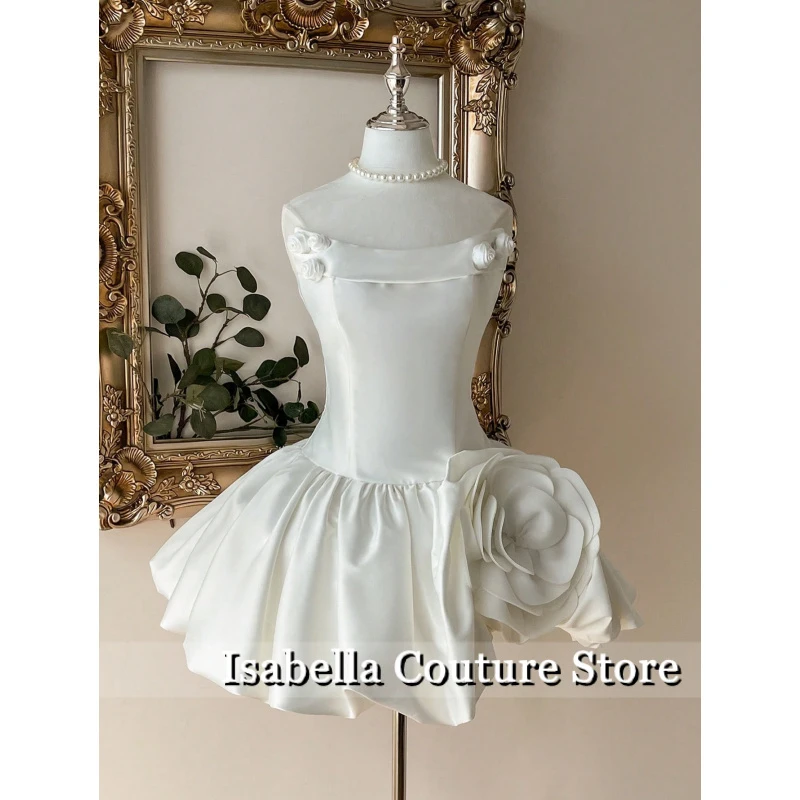 

Sexy Strapless Short Satin 3D Flower Beaded Puffy Bubble Skirt Bridal Gown Elegant Corset Back Mini Wedding Dress Customized