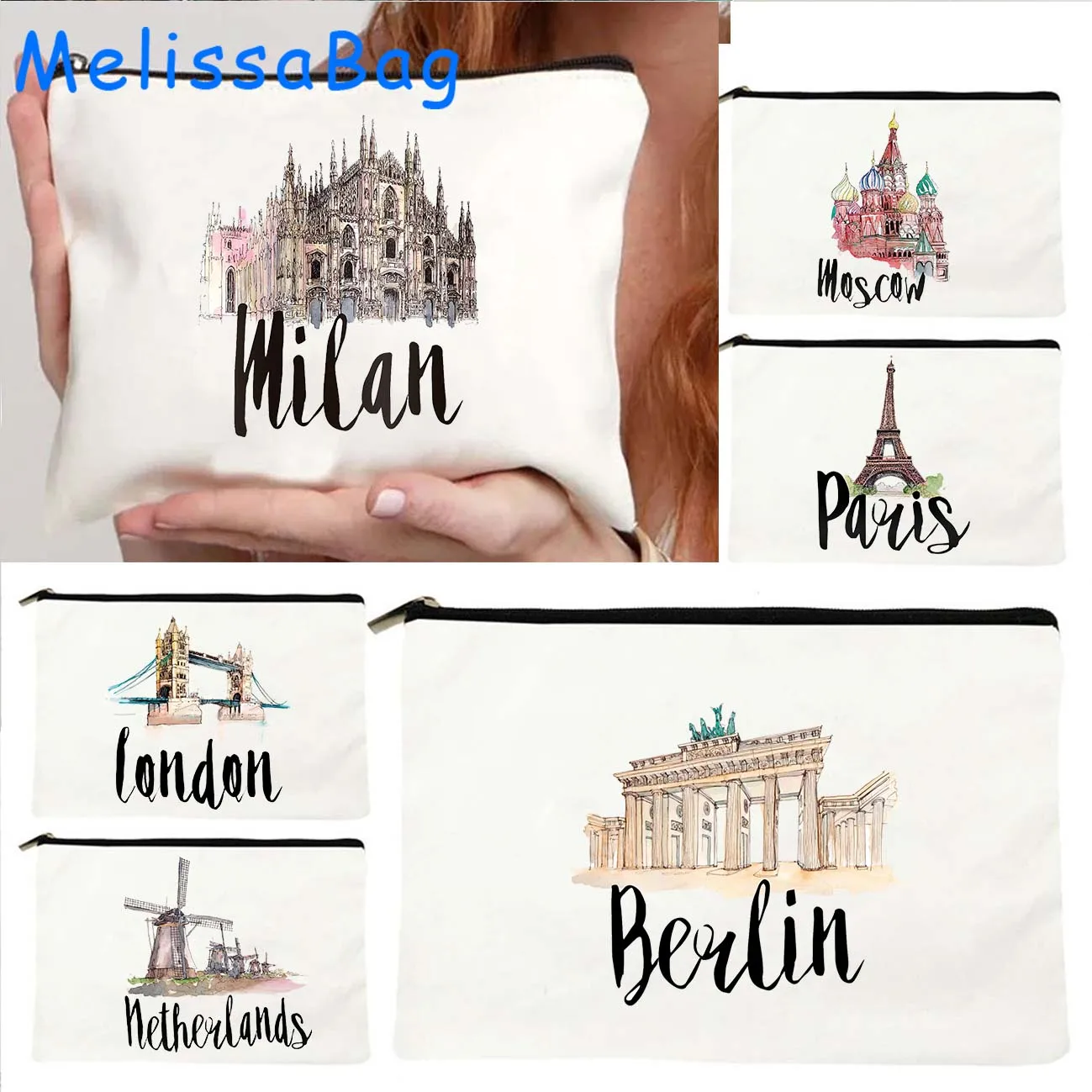 Milan Moscow Netherlands New York Paris Taj Mahal Egypt San Francisco Berlin London Canvas Cosmetic Makeup Bag Pencil Case Pouch