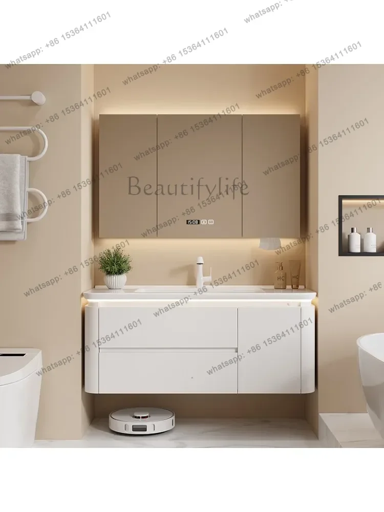 French Cream Wind Ceramic Integrated Smart Bathroom Cabinet Mirror Cabinet Combined Toilet Storage Wash Table