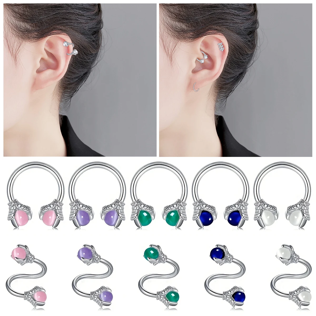 1-3PCS Stainless Steel Helix Cartilage Tragus Earrings, Halloween Gothic Dragon Claw Earrings, Body Piercing Jewelry For Men