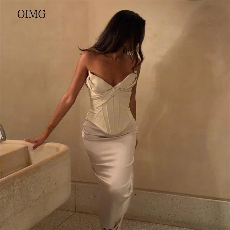 

OIMG Sexy Strapless Mermaid Prom Gowns Backless Pleated Party Gown Floor Length Evening Dress שמלת ערב Customized