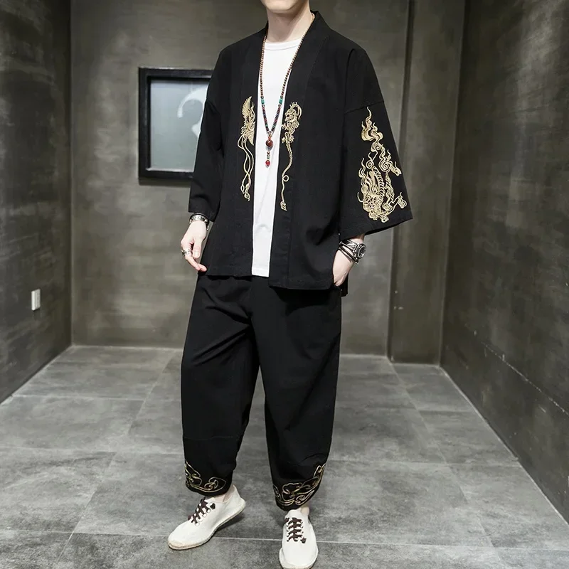 Cosdea Chinese Style Men Hanfu T Shirt Trousers Tang Suit Traditional Kung Fu Uniform Japanese Tops Wide Leg Jogger Harem Pants