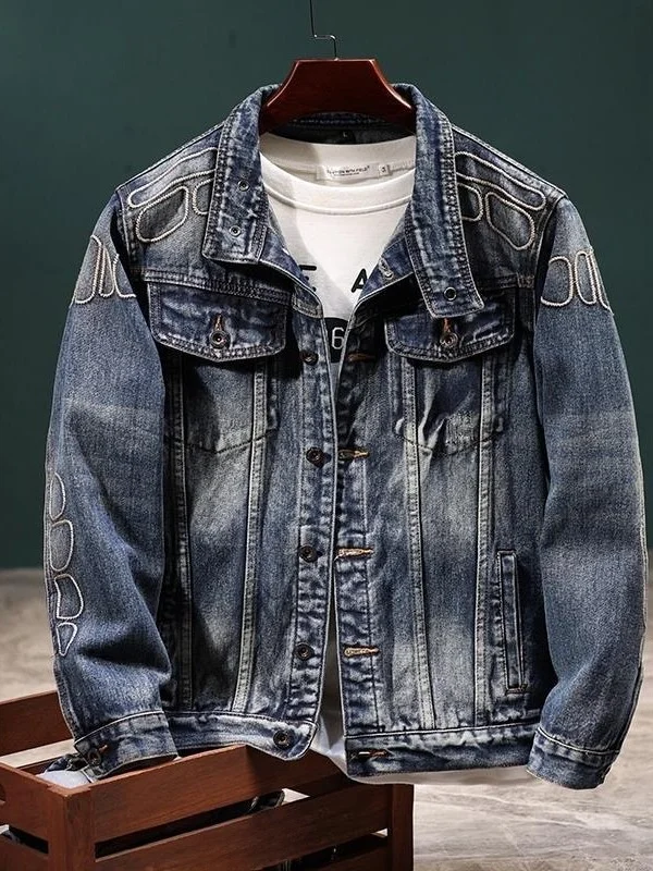 

Мужская джинсовая куртка с американской вышивкой в стиле ретро, свободная повседневная осенняя новая модная брендовая рабочая одежда Jaet Youth (3)