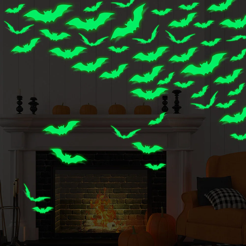 16pcs Halloween Bats Wall Stickers Reusable 3D PVC Scary Bats Window Decal For Home Indoor Window Glass Door Wall Decor