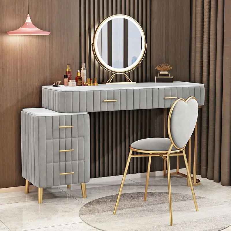 Nordic Modern Minimalist and Delicate Marble Dresser Table with Love Chair and Vanity Mirror and Bedside Table