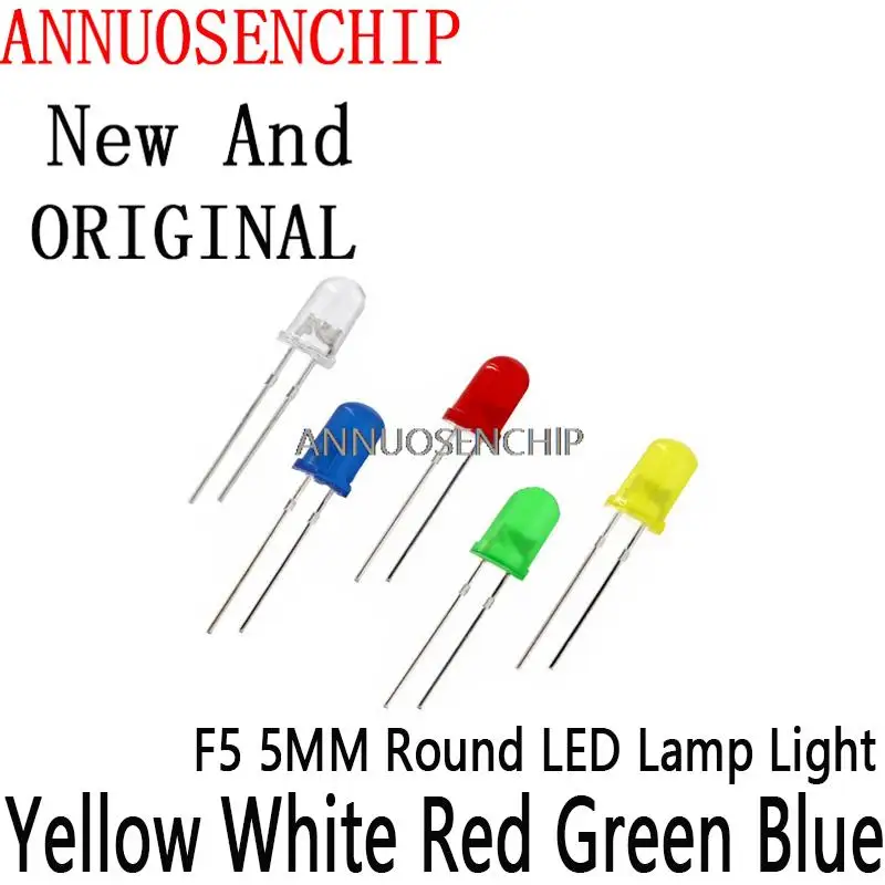 BoRui 5 Colors x20PCS =100PCS Yellow White Red Green Blue Diffused Round DIP Diode F5 5MM Round LED Lamp Light