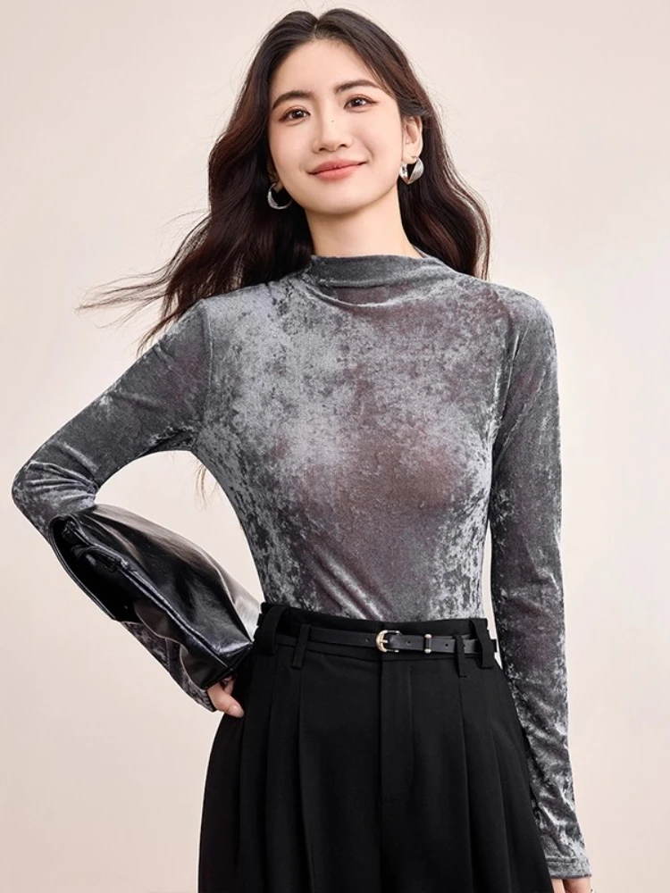 

SENTUBILA женские топы, элегантные осенние облегающие футболки с расклешенными рукавами 2025, офисные женские однотонные топы с воротником-стойкой, женская одежда 153TA3337