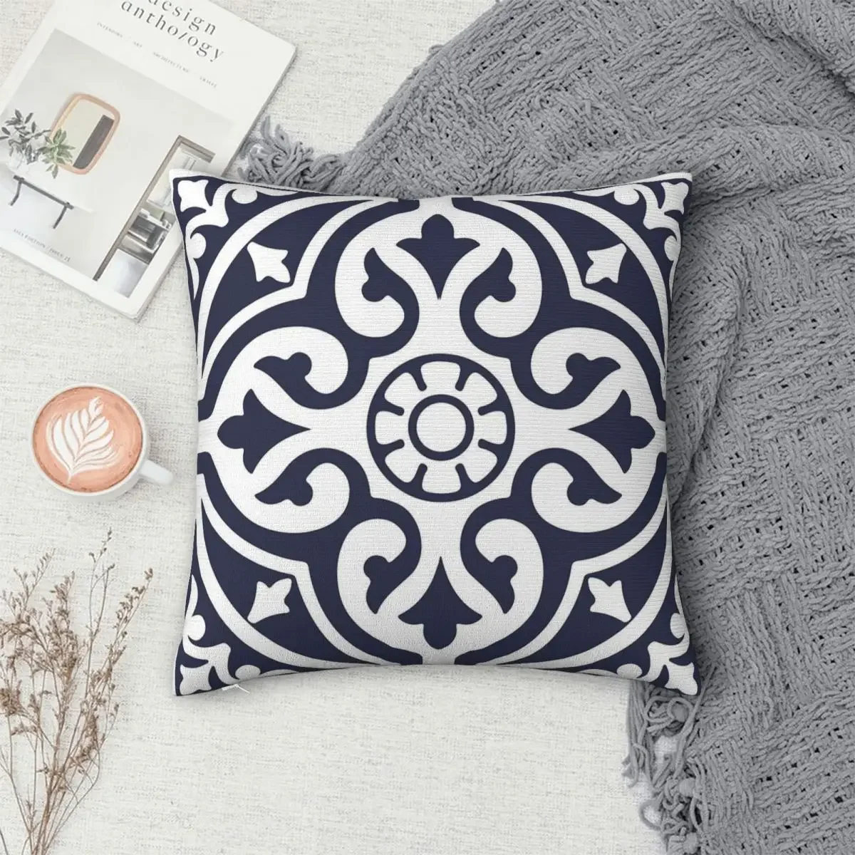 Hamptons Blue And White Moroccan Talavera Tile Pillowcase Cushion Comfort Throw Pillow Sofa Decorative Cushions Used for Home