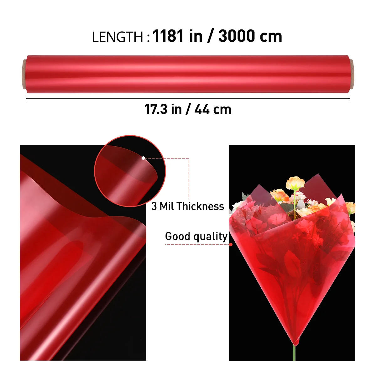 STOBOK Cellophane Wrap 3 Mil Thick Cellophane Wrap Roll Bright Red Cellophane Bags to Wrap Gift Baskets & Crafts (44x3000cm