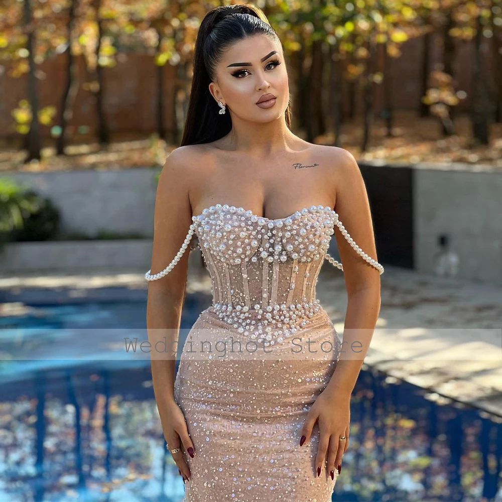 Luxury Evening Dresses for Women Pearls Trumpet/Mermaid Evening Gowns Spaghetti Straps Sweetheart Illusion Formal Party Dresses